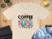 Load image into Gallery viewer, T-shirt graphic: "COFFEE gives me NURSE Powers" with coffee cup and spider design.
