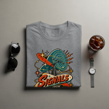 Load image into Gallery viewer, Grey t-shirt with retro "Signals From" graphic featuring a radar dish and antenna.
