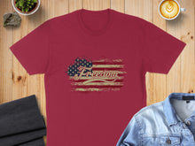 Load image into Gallery viewer, Maroon t-shirt with distressed American flag and "Freedom" text.
