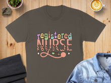 Load image into Gallery viewer, Registered Nurse t-shirt with colorful text and stethoscope.
