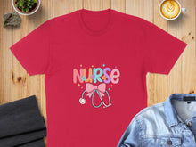 Load image into Gallery viewer, Red t-shirt with "NURSE" text, stethoscope, and bows design.
