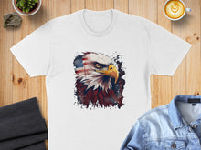 Load image into Gallery viewer, White t-shirt featuring a watercolor eagle with American flag background.
