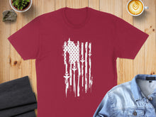 Load image into Gallery viewer, Maroon t-shirt with distressed American flag and fighter jets graphic.
