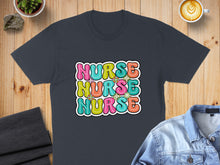 Load image into Gallery viewer, Dark gray t-shirt with "Nurse" in colorful, bubbly font with floral accents.
