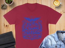 Load image into Gallery viewer, Burgundy t-shirt with blue "Faith, Family, Freedom 1776-2023" graphic.
