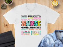 Load image into Gallery viewer, NURSE with medical terms and icons, on a white t-shirt.
