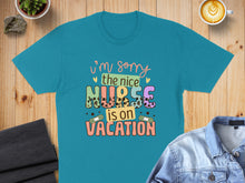 Load image into Gallery viewer, Teal t-shirt with "I'm sorry the nice nurse is on vacation" text.
