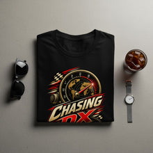 Load image into Gallery viewer, Black t-shirt with "CHASING DX" text and a world map gauge graphic.
