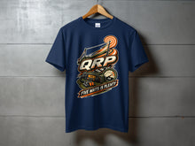 Load image into Gallery viewer, Navy t-shirt with "QRP" and "Five Watts Is Plenty" graphic featuring a radio.

