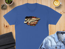 Load image into Gallery viewer, Blue t-shirt with distressed "America" text featuring the US flag pattern.
