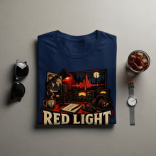 Load image into Gallery viewer, Dark blue t-shirt with vintage radio graphic and "RED LIGHT" text.

