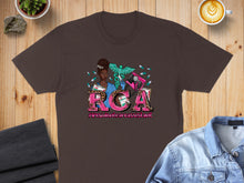 Load image into Gallery viewer, Dark brown t-shirt with "RCA" in pink leopard print letters and healthcare symbols.

