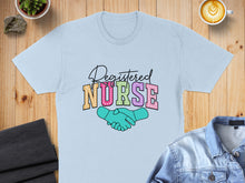 Load image into Gallery viewer, Light blue t-shirt with "Registered Nurse" text and shaking hands graphic.
