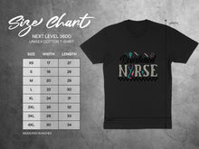 Load image into Gallery viewer, Registered Nurse t-shirt with a size chart.

