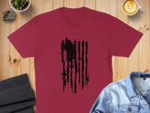 Load image into Gallery viewer, Maroon t-shirt with distressed black American flag design.
