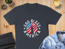 Load image into Gallery viewer, Dark blue t-shirt with "God Bless America" text and American flag design.

