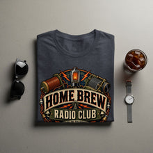 Load image into Gallery viewer, Dark t-shirt with "Home Brew Radio Club" graphic and vintage radio components.
