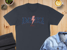 Load image into Gallery viewer, Dark blue t-shirt with "AMERICA" in a lightning bolt pattern and red stars.
