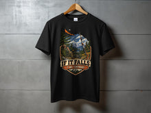 Load image into Gallery viewer, Black t-shirt with a graphic of a person by a radio in a mountainous landscape.

