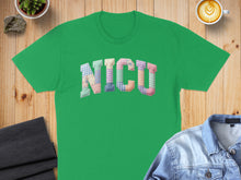 Load image into Gallery viewer, Green t-shirt with "NICU" in a patchwork quilt font.
