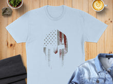 Load image into Gallery viewer, Light blue t-shirt with distressed American flag Spartan helmet design.
