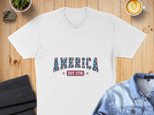 Load image into Gallery viewer, White t-shirt with "AMERICA EST. 1776" text in star pattern.
