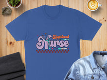 Load image into Gallery viewer, Blue t-shirt with "Registered Nurse" and stethoscope graphic.
