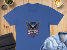 Load image into Gallery viewer, Blue t-shirt with eagle and 4th of July design.
