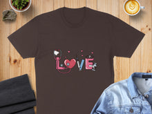 Load image into Gallery viewer, Brown t-shirt with stethoscope, heart, and medical symbols forming the word "LOVE".
