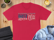 Load image into Gallery viewer, Red t-shirt with "BELIEVE" text designed like the American flag.
