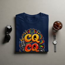 Load image into Gallery viewer, Navy t-shirt with "CQ CQ" graphic, vintage microphone, and radio dial.
