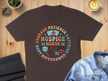 Load image into Gallery viewer, Brown t-shirt with "HOSPICE NURSE LIFE" text and medical symbols.
