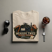 Load image into Gallery viewer, T-shirt with "Measure Twice Tune Once" graphic showing radio equipment and tools.
