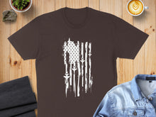 Load image into Gallery viewer, Dark brown t-shirt with a distressed white American flag design featuring fighter jets.
