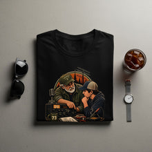Load image into Gallery viewer, Black t-shirt with a graphic of two men near ham radio equipment.
