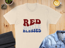 Load image into Gallery viewer, Cream t-shirt with "RED WHITE BLESSED" text in red, white, and blue.
