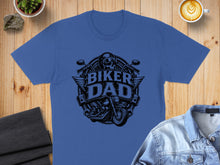 Load image into Gallery viewer, Blue t-shirt with "Biker Dad" text, motorcycle, and wings graphic.
