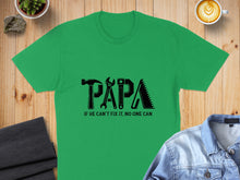 Load image into Gallery viewer, Green t-shirt with black "PAPA" graphic featuring tools.
