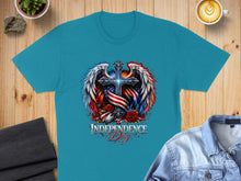 Load image into Gallery viewer, Teal t-shirt with patriotic cross, wings, roses, and "Independence Day" text.
