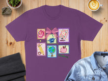 Load image into Gallery viewer, Purple t-shirt with colorful school-themed icons and graphics.
