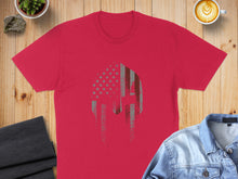Load image into Gallery viewer, Red t-shirt with distressed American flag Spartan helmet graphic.
