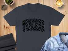 Load image into Gallery viewer, Dark grey t-shirt with black and white checkered "TEACHER" text.
