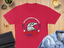Load image into Gallery viewer, Red t-shirt with eagle graphic and "United States of America 4th July" text.
