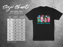 Load image into Gallery viewer, Next Level 3600 unisex t-shirt size chart with graphic of a coffee cup and medical items.
