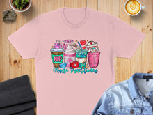 Load image into Gallery viewer, Pink t-shirt with "NP Nurse Practitioner" text and various healthcare-themed coffee drinks.
