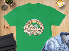 Load image into Gallery viewer, Green t-shirt with retro nurse graphic and rainbow.
