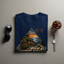 Load image into Gallery viewer, Navy t-shirt with "Summit Signal" text and radio operator mountain graphic.
