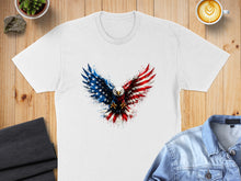 Load image into Gallery viewer, White t-shirt with splattered American flag eagle graphic.
