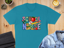 Load image into Gallery viewer, School Nurse text design with school supply graphics and a plaid pattern.
