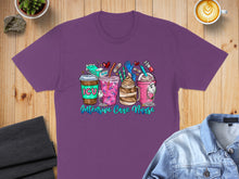 Load image into Gallery viewer, Purple t-shirt with "ICU Intensive Care Nurse" text and coffee cup graphics.
